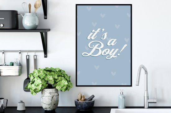 Cadre photo avec affiche - It's a Boy - Boy - Baby shower - Blauw - Coeur - Born - 40x60 cm - Cadre pour affiche