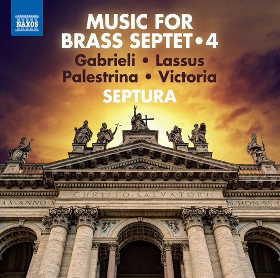 Albumhoes met de titel 'MUSIC FOR BRASS SEPTET 4' en beeltenissen van componisten boven een monumentaal gebouw met beelden.