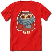 Winter uil T-Shirt Grappig | Dieren uilen Kleding Kado Heren / Dames | Animal Skateboard Cadeau shirt - Rood - XXL