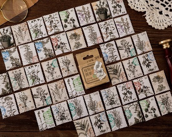 46 Stickers Botanicum – Thema Botanische Postzegel Met Stempel – E090 – Stickerdoosje – Voor Scrapbook Of  Bullet Journal – Agenda Stickers – Decoratie Stickers