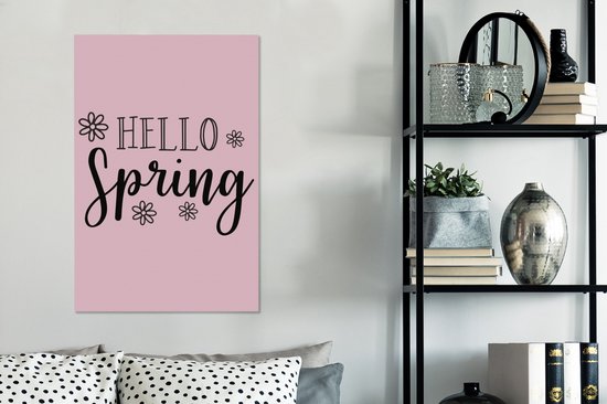 Tableau sur toile Citation Bonjour Printemps avec des fleurs en rose - 60x90 cm - Décoration murale
