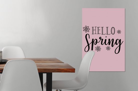 Tableau sur toile Citation Bonjour Printemps avec des fleurs en rose - 60x90 cm - Décoration murale