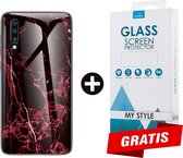 Backcover Marmerlook Hoesje Samsung Galaxy A50 Rood - Gratis Screen Protector - Telefoonhoesje - Smartphonehoesje