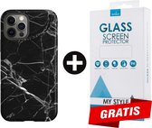 Backcover Marmerlook Hoesje iPhone 11 Pro Zwart - Gratis Screen Protector - Telefoonhoesje - Smartphonehoesje