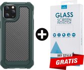 Backcover Shockproof Carbon Hoesje iPhone 12 Pro Legergroen - Gratis Screen Protector - Telefoonhoesje - Smartphonehoesje