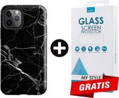 Backcover Marmerlook Hoesje iPhone 12 Pro Max Zwart - Gratis Screen Protector - Telefoonhoesje - Smartphonehoesje