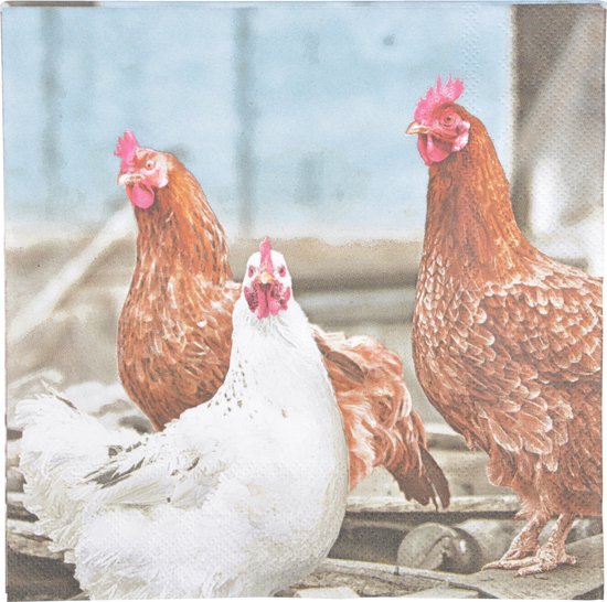 Esschert Design Pasen thema servetten - met kippen print - 20x stuks - 33 x 33 cm - Boerderij - wegwerp servetjes