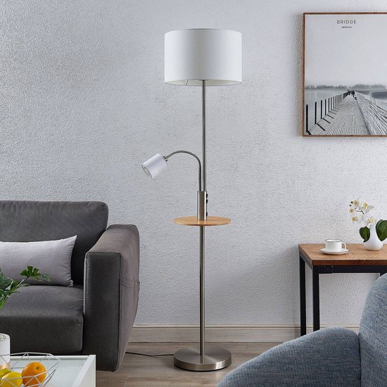 Lindby - lampadaire - 2 lumières - fer, textile, pin - H : 170 cm - E27 - nickel satiné, blanc crème,