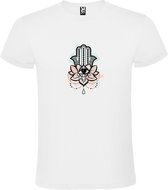 Wit T-shirt met Hamsa Hand in Roze en zacht Groen size L