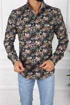 Heren overhemd Lange mouwen- Zwart bloemenprint- MarshallDenim Maat XL