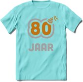 80 Jaar Feest T-Shirt | Goud - Zilver | Grappig Verjaardag Cadeau Shirt | Dames - Heren - Unisex | Tshirt Kleding Kado | - Licht Blauw - M