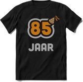 85 Jaar Feest T-Shirt | Goud - Zilver | Grappig Verjaardag Cadeau Shirt | Dames - Heren - Unisex | Tshirt Kleding Kado | - Zwart - XL