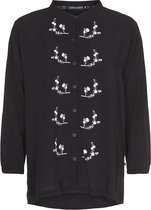 Dames blouse zwart met witte enthno print op voorpand volwassen lange mouw  viscose  luxe chic maat 38