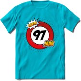 97 Jaar Hoera Verkeersbord T-Shirt | Grappig Verjaardag Cadeau | Dames - Heren | - Blauw - 3XL