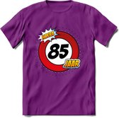 85 Jaar Hoera Verkeersbord T-Shirt | Grappig Verjaardag Cadeau | Dames - Heren | - Paars - S