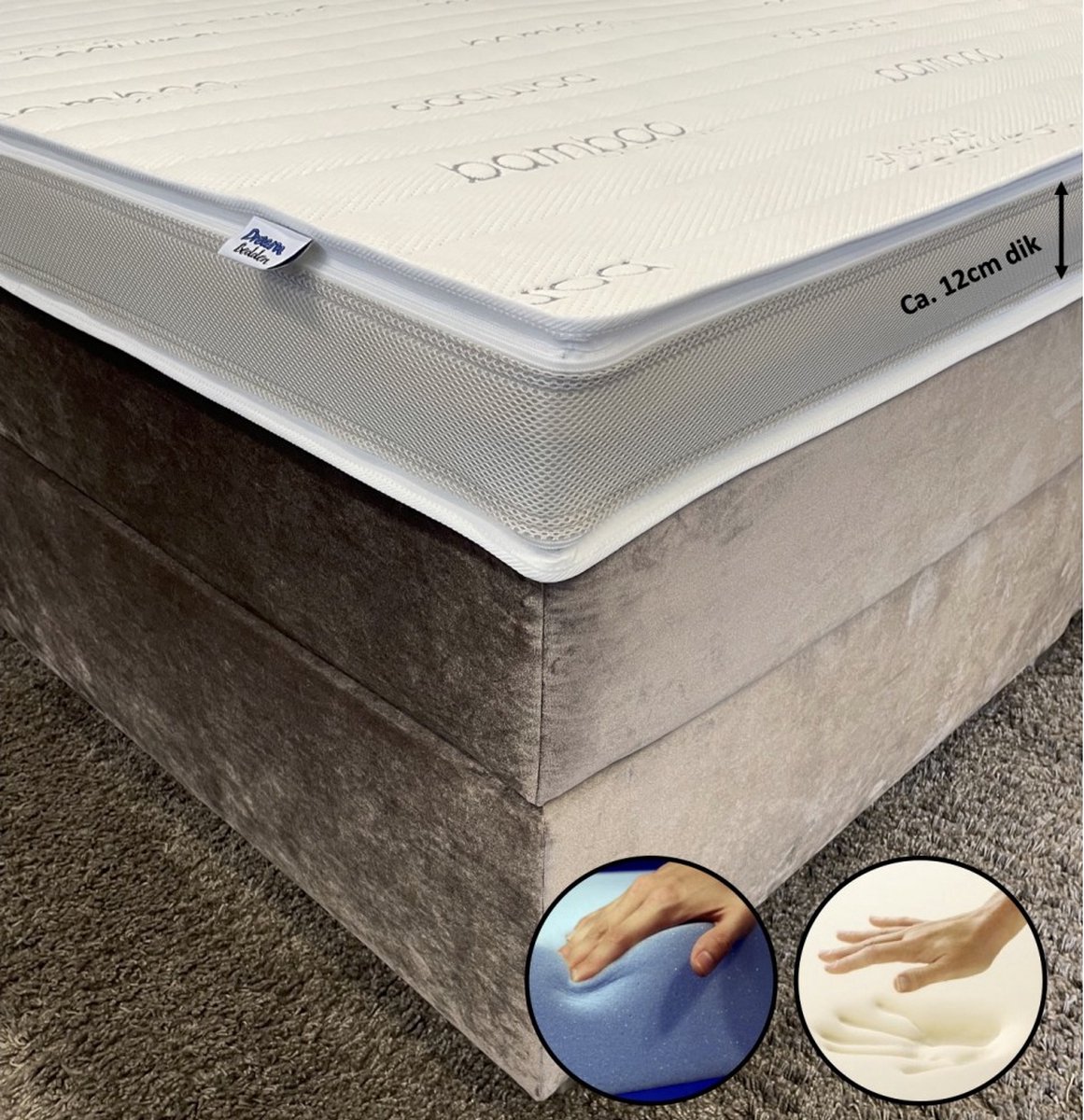 dreambedden Topper 140x190 - 2-zijdig - HR55 Koudschuim - Nasa Traagschuim - Bamboo Exclusive - Anti Allergie - Ca. 12cm dik - 4 seizoenen topmatras wit
