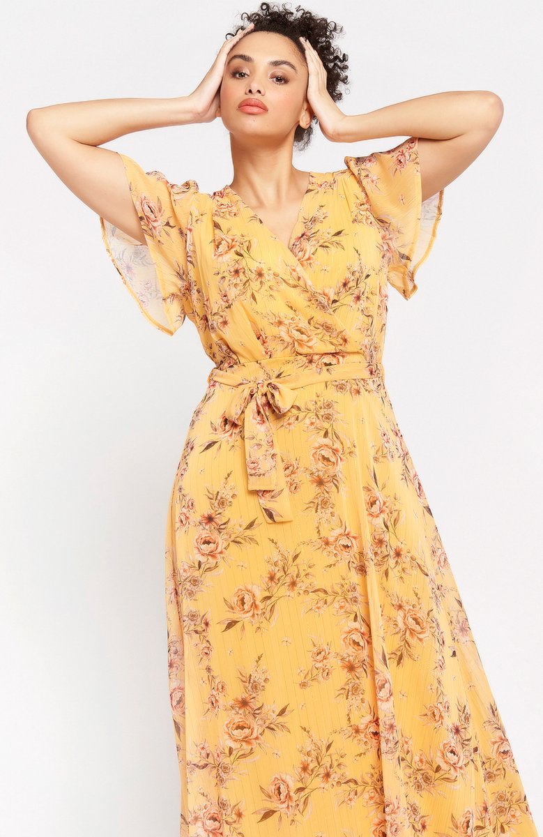 LolaLiza Lange jurk met bloemen en vlindermouwen - Yellow - Maat 36 | bol