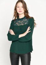 LOLALIZA Blouse met kant en hoge kraag - Donker Groen - Maat 40