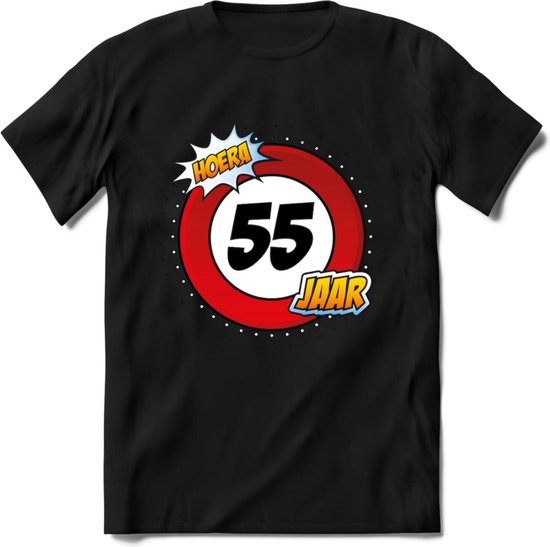 55 Jaar Hoera Verkeersbord T-Shirt | Grappig Verjaardag Cadeau | Dames - Heren | - Zwart - 3XL