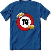 14 Jaar Hoera Verkeersbord T-Shirt | Grappig Verjaardag Cadeau | Dames - Heren | - Donker Blauw - L