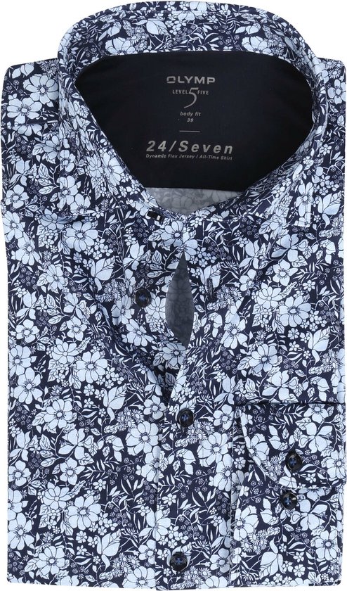 OLYMP - Lvl 5 Overhemd 24/Seven Bloemen Donkerblauw - Heren - Maat 37 - Slim-fit