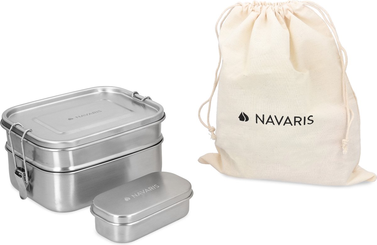 Navaris RVS broodtrommel 3 stuks - 3-delige set - Meal prep bakje - Vershouddoos - Dubbele lunchbox - Vaatwasbestendig