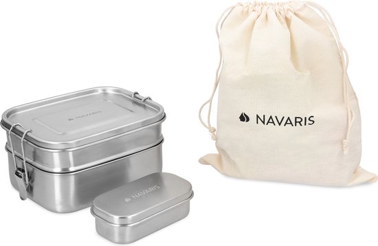 Foto: Navaris rvs broodtrommel 3 stuks 3 delige set meal prep bakje vershouddoos dubbele lunchbox vaatwasbestendig