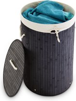 Relaxdays 1x wasmand bamboe - wasbox met deksel - 70 liter - rond - 65 x 41 cm - zwart