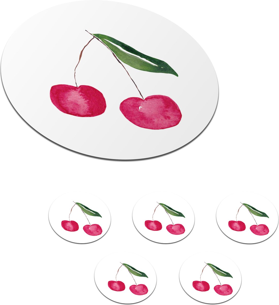 Onderzetters voor glazen - Rond - Kersen - Rood fruit - Wit - 10x10 cm - Glasonderzetters - 6 stuks