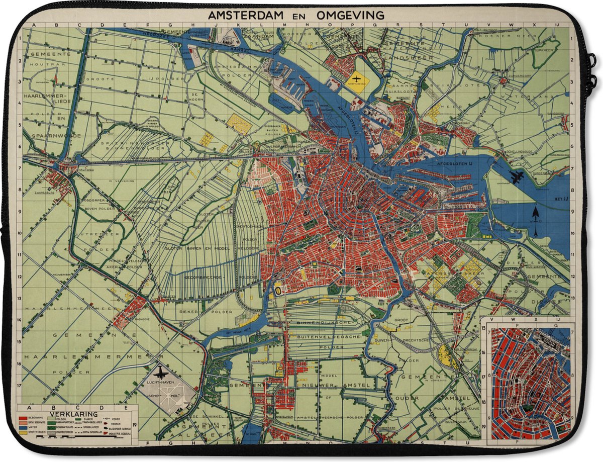 Laptophoes 17 inch - Stadskaart - Amsterdam - Historisch - Laptop sleeve - Binnenmaat 41x28 cm - Zwarte achterkant