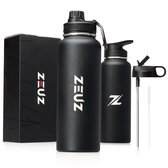 ZEUZ® Premium RVS Thermosfles & Drinkfles – Waterfles met Rietje – Isoleerfles - BPA Vrij – 1200 ml/ 1, 2 Liter- Mat Zwart