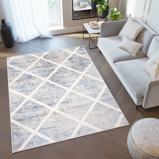 Intérieur de salon moderne avec un tapis gris et bleu à motif à carreaux blancs.