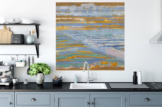 Stickers muraux - Vue sur la plage et la jetée depuis les dunes - Piet Mondrian - 100x100 cm - Film adhésif XXL