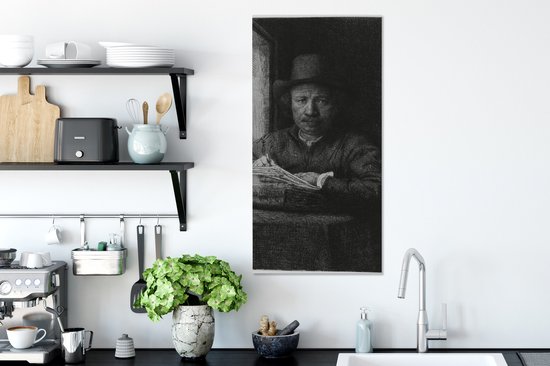 Peinture sur toile Autoportrait gravure à une fenêtre - Rembrandt van Rijn - 40x80 cm - Décoration murale