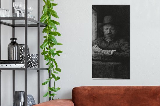 Peinture sur toile Autoportrait gravure à une fenêtre - Rembrandt van Rijn - 40x80 cm - Décoration murale