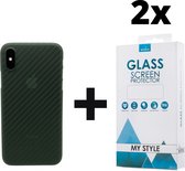 Backcase Carbon Hoesje iPhone X Groen - 2x Gratis Screen Protector - Telefoonhoesje - Smartphonehoesje