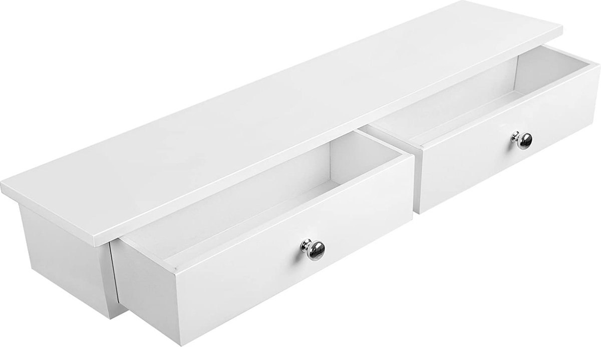 SONGMICS Wandplank, zwevend rek met 2 laden, hoogglans oppervlak, belastbaar tot 15 kg, 65 x 15 x 10 cm, hal, woonkamer en keuken, wit LWS65WT