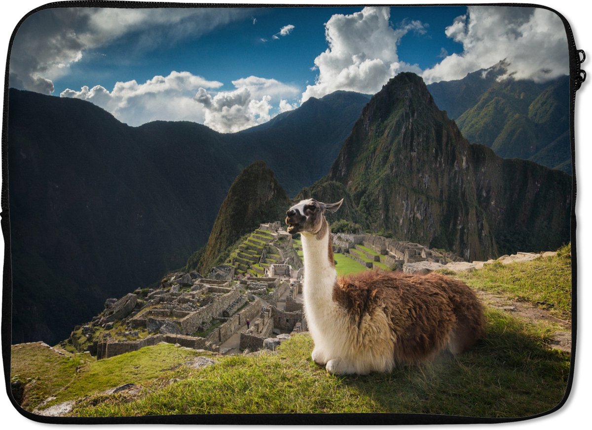Laptophoes 13 inch - Alpaca - Machu Picchu - Rots - Laptop sleeve - Binnenmaat 32x22,5 cm - Zwarte achterkant