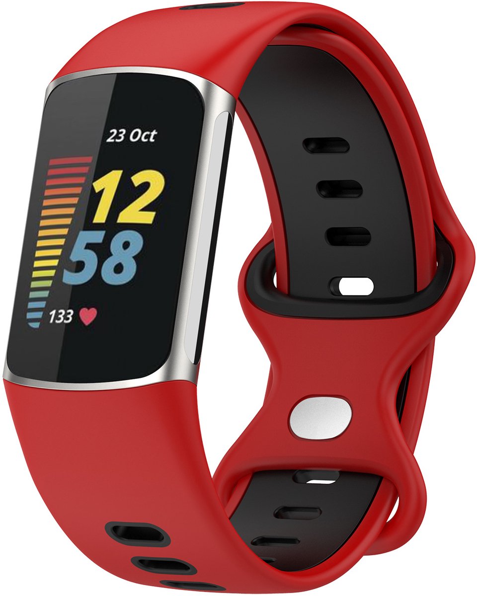 123watches dubbel sport band - rood zwart - - Geschikt voor Fitbit Charge 5 & 6