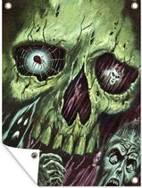 Tuin decoratie Halloween illustratie groen doodshoofd met monsters - 30x40 cm - Tuindoek - Buitenposter