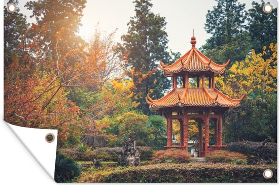 Tuinposters buiten Chinees paviljoen in het bos van Chengdu, China - 90x60 cm - Tuindoek - Buitenposter