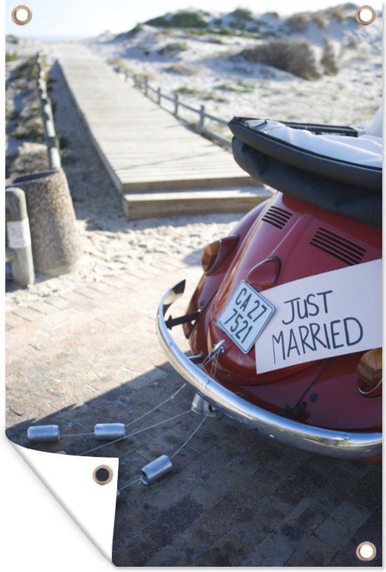 Muurdecoratie Auto met een "just married" bord - 120x180 cm - Tuinposter - Tuindoek - Buitenposter