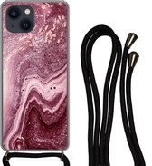Telefoonkoord - Telefoonketting - Hoesje met koord Geschikt voor iPhone 13 Mini - Natuursteen - Roze - Glitter - Siliconen - Crossbody - Telefoonhoesje met koord
