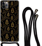 Hoesje met koord Geschikt voor iPhone 11 Pro - Kerst - Goud - Zwart - Patroon - Siliconen - Crossbody - Backcover met Koord - Telefoonhoesje met koord - Hoesje met touw