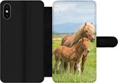 Telefoonhoesje Geschikt voor iPhone XS telefoonhoesje - Paarden - Veulen - Berg - Met vakjes - Wallet case met magneetsluiting