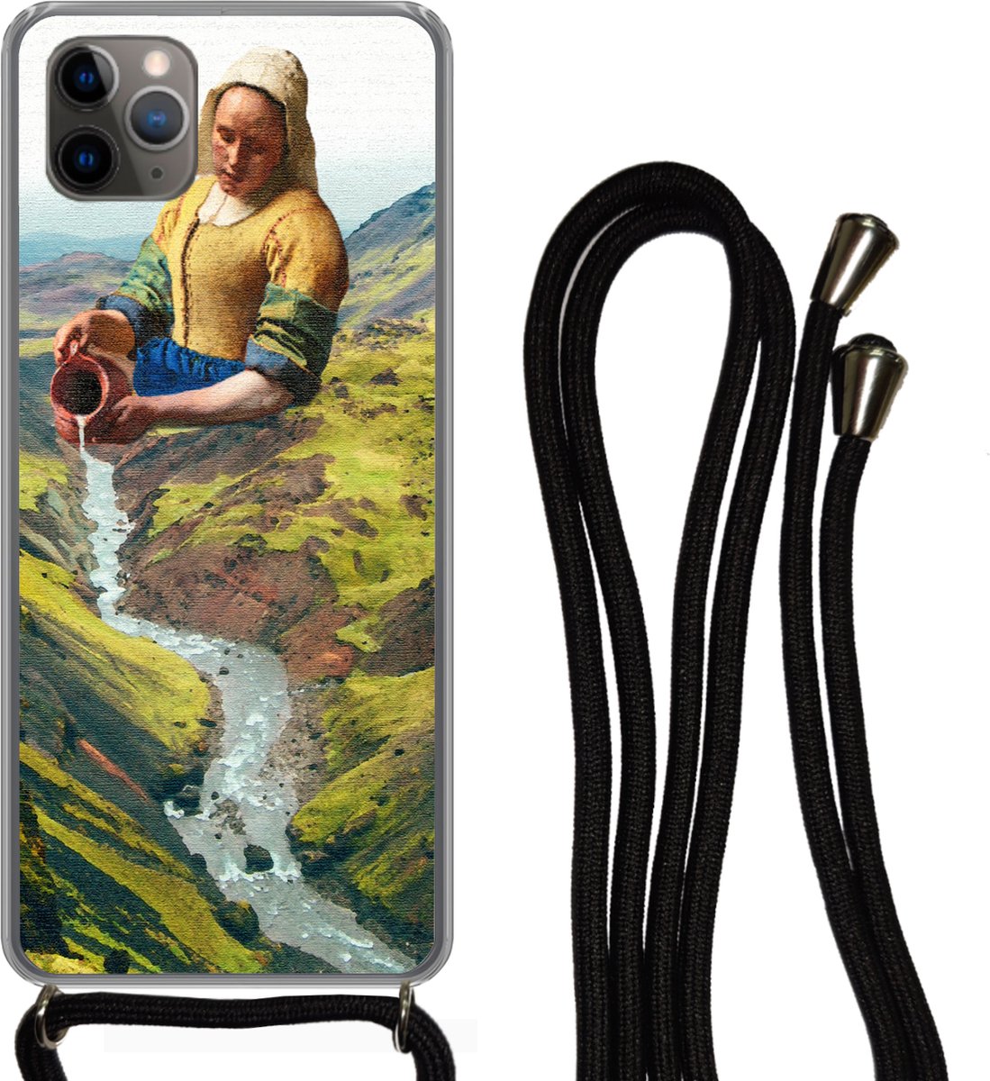 Telefoonhoesje Geschikt voor iPhone 11 Pro - Melkmeisje - Natuur - Vermeer - Siliconen - Crossbody - Backcover met Koord - Telefoonhoesje met koord - Hoesje met touw Telefoonhoesje