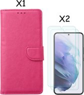 Samsung S22 hoesje Pink Samsung Galaxy S22 5G hoesje bookcase portemonnee cover - Samsung hoesje S22 - Samsung S22 screenprotector / 2X Beschermglas