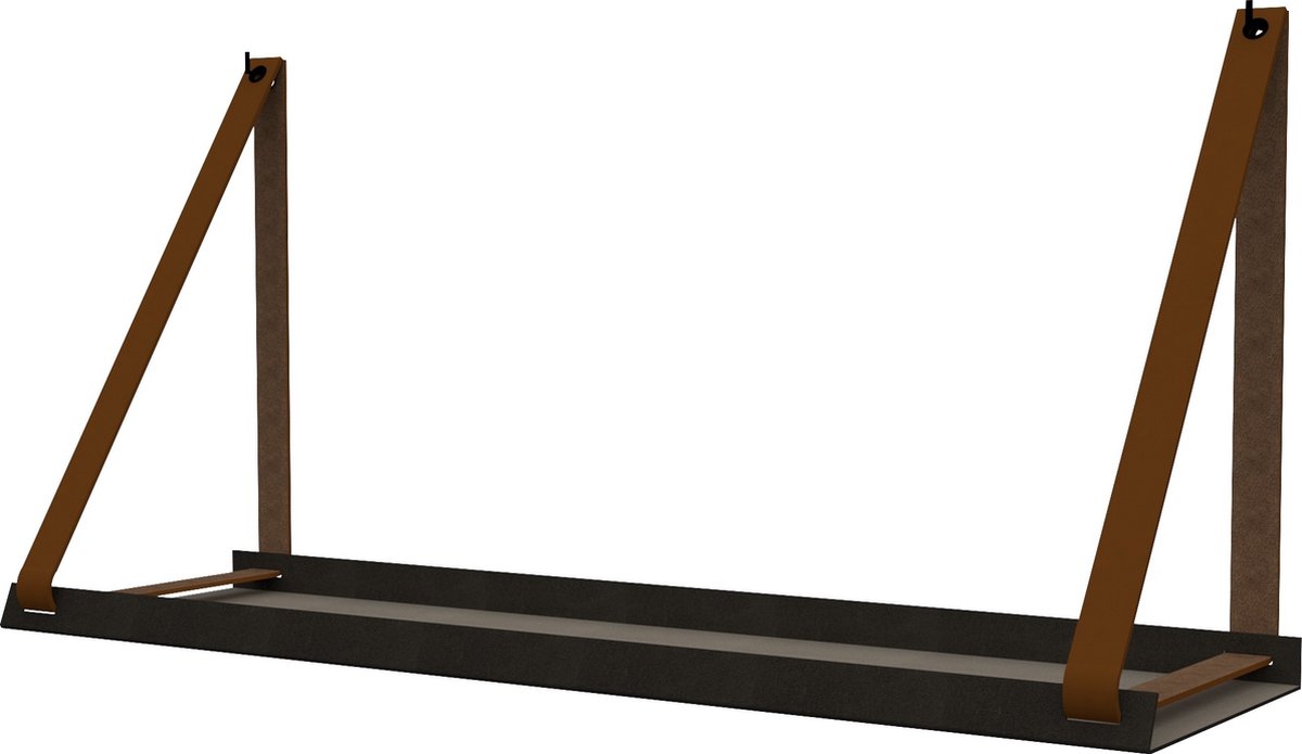 Handles and more - Stalen wandplank zwart 70cm + leren plankdragers Lichtbruin