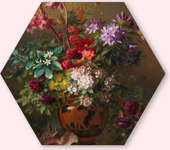 Stilleven met Bloemen in een Griekse Vaas – Georgius Jacobus Johannes van Os - 40 cm Aluminium Hexagon - Bloemen en Planten - Wanddecoratie