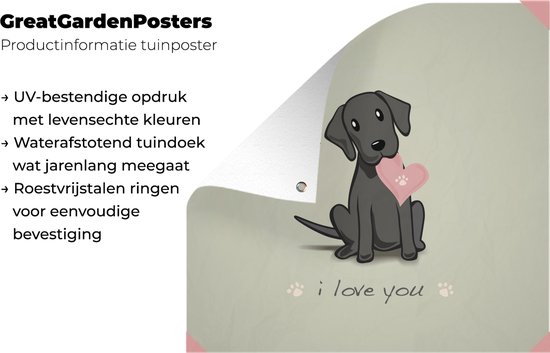 Tuinposter 200x200 cm - Tuindecoratie Een illustratie van een zwarte puppy met een hart - Poster voor in de tuin - Buiten decoratie - Schutting tuinschilderij - Tuindoek muurdecoratie - Wanddecoratie balkondoek